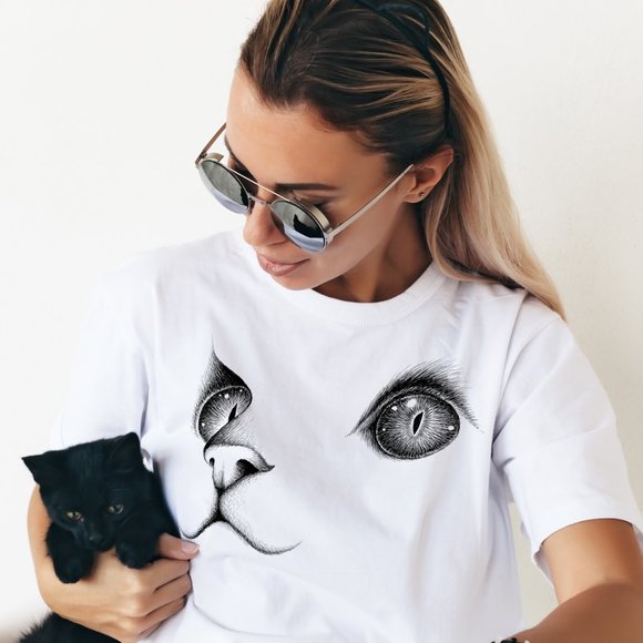 Women's Fashion Summer Casual Short Sleeve Round Neck Hand Drawn Cat Unisex Tee - Picture 1 of 7